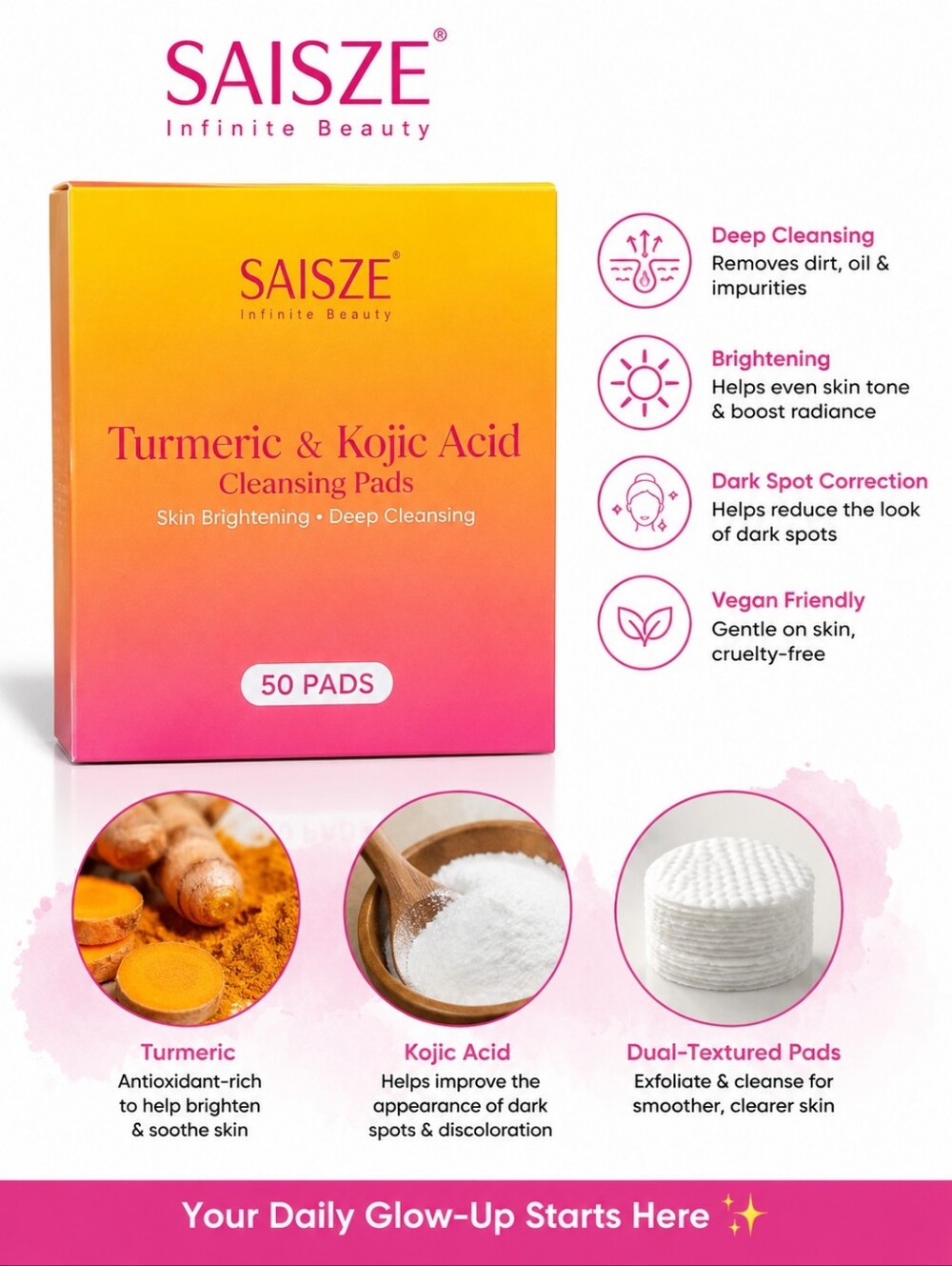 SAISZE Turmeric & Kojic Acid Cleansing And Brightening Facial Pads